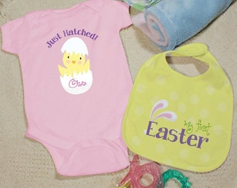 Baby's First Easter Pink Personalized Creeper & Bib , Personalized Easter Onesee and Bib Set