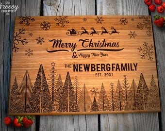 Personalized Engraved Cutting Board, Christmas Holiday Family Couples Name Gift, Bamboo Cutting Board, Caramel or Natural // Christmas 14X10