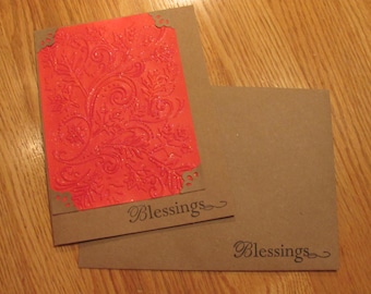 Thanksgiving Card, Blessings, Autumn Leaves, Orange, Embossed, Photo Corners, Kraft Paper, Handmade
