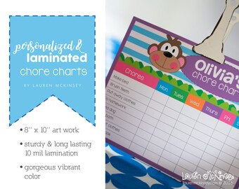Personalized laminated chore charts for kids. Job chart for kids. Dry erase chore chart. Daily chore chart.