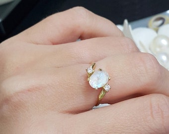 SALE! Gold Genuine Moonstone Ring,triple Ring, Rainbow Stone Ring,Slim Band, Gemstone Ring,Stacking Ring, June Ring,Simple Ring