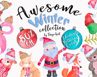 Winter Clipart, Christmas Clip Art, Woodland Christmas Clipart, Santa, Reindeer, Commercial Use Clipart, Hand Painted Clipart