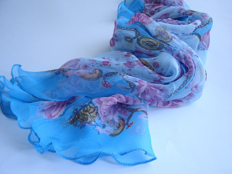 Silk scarf Blue Pink Scarf Little scarf Floral by DesignHappyDay
