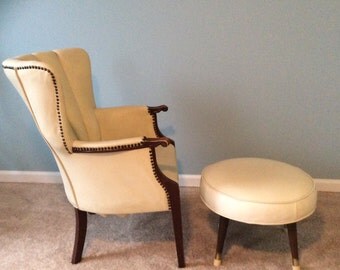Vintage leather wingback chair armchair with ottoman leather footstool foot stool 1940s chair armchair cream color colored scalloped chair