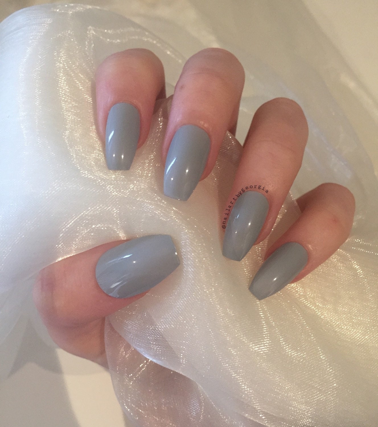 Grey glossy coffin false nails