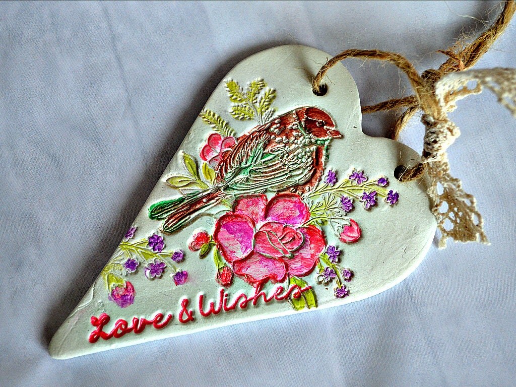 unique gift for her clay heart with bird print by unique gift for her clay heart with bird print by