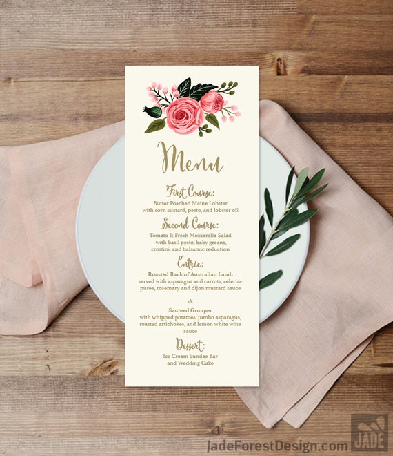 Floral Menu Card DIY / Custom Menu / Watercolor Rose Flower