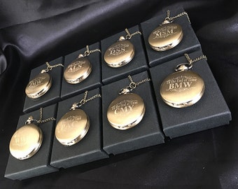 8 Groomsman gifts- Gold engraved pocket watches - 8 Gold finish pocket watches -Personalized engraved gift -Wedding gifts for him
