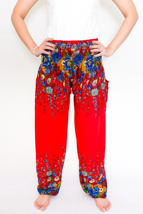 Floral Harem Pants Yoga Pants Genie Pants in red.