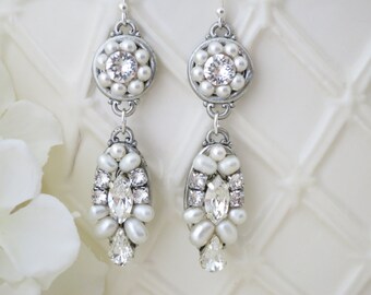 Wedding Earring, Art Deco pearl and rhinestone earring, Swarovski statement bridal earring, Crystal and Freshwater pearl wedding earring