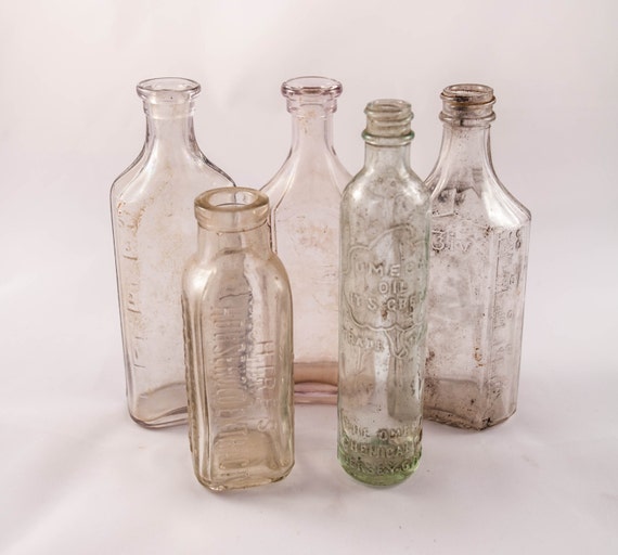 SALE Vintage Medicine Bottle Lot Glass Embossed Clear Antique