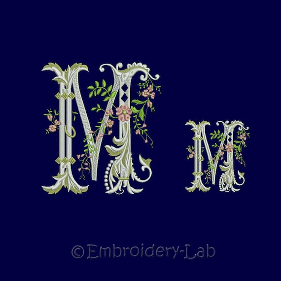 Floral Monogram Initial M machine embroidery designs. Two