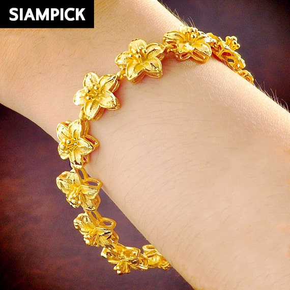Gold Flower Bracelet Thai Jewelry 24k Gold Bracelet by siampick