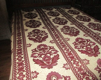Vintage Italian Impero Bedspread Blanket Throw Floral Burgundy Fringed 102 x 110
