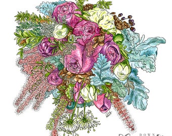 Roses & Dusty Miller - MOUNTED, Fine Art Print