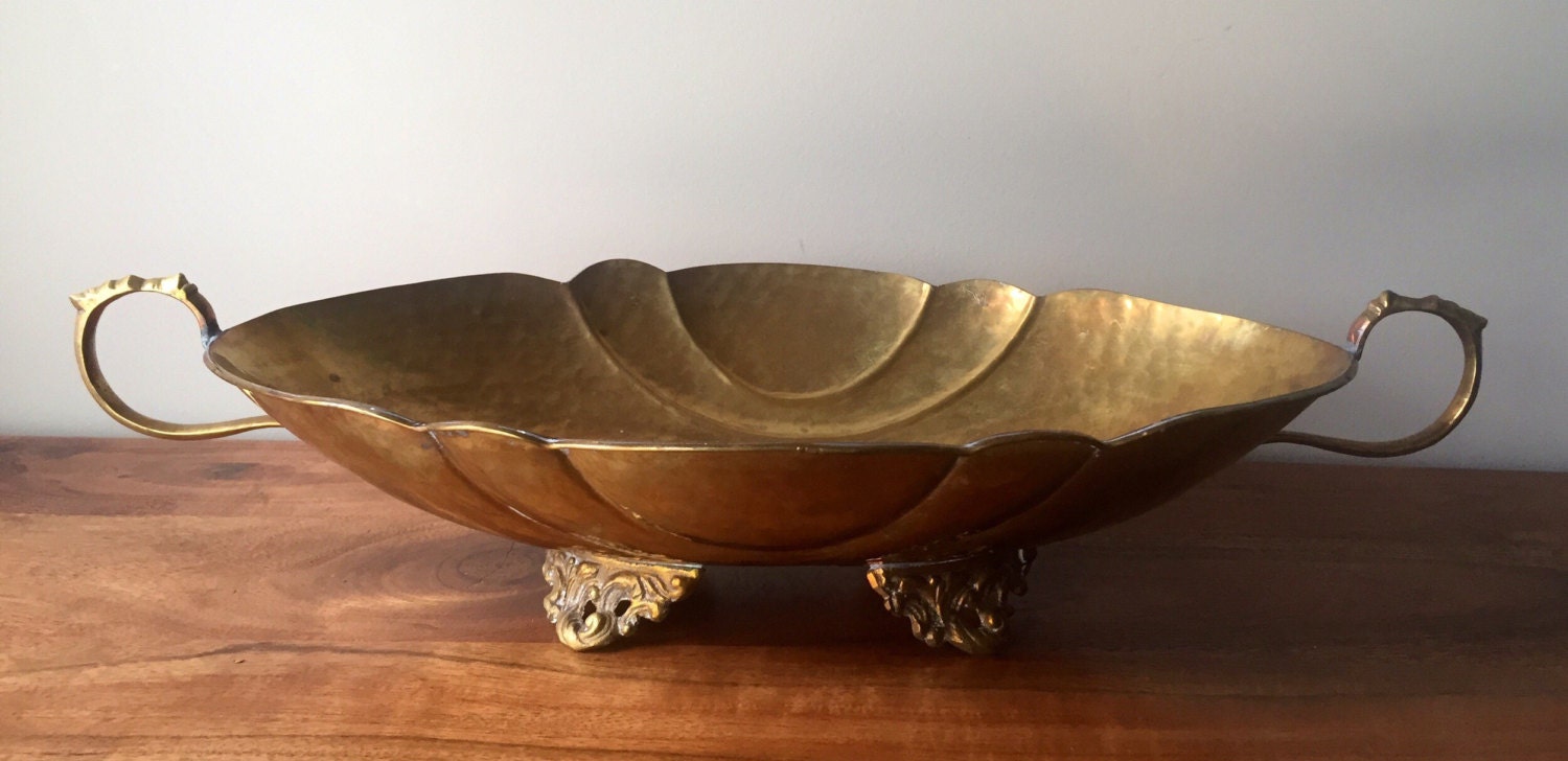 Vintage Oval Scalloped Hammered Brass Footed Bowl With