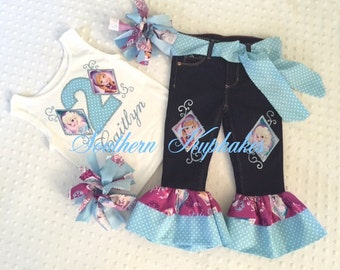 Frozen Elsa Anna Disney inspired 5pc. Set Outfit Bday Birthday Custom Boutique All Sizes 12mo - 14 years Casual Wear Theme Character Pageant