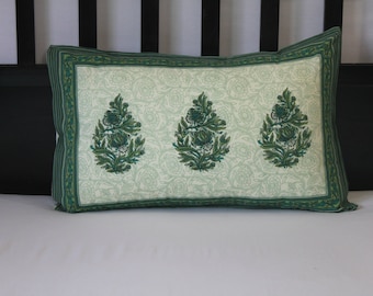 Standard Pillow cover, dull white and green pillow cover, cotton hand block printed washable pillow cases floral pillow cases, dorm bedding