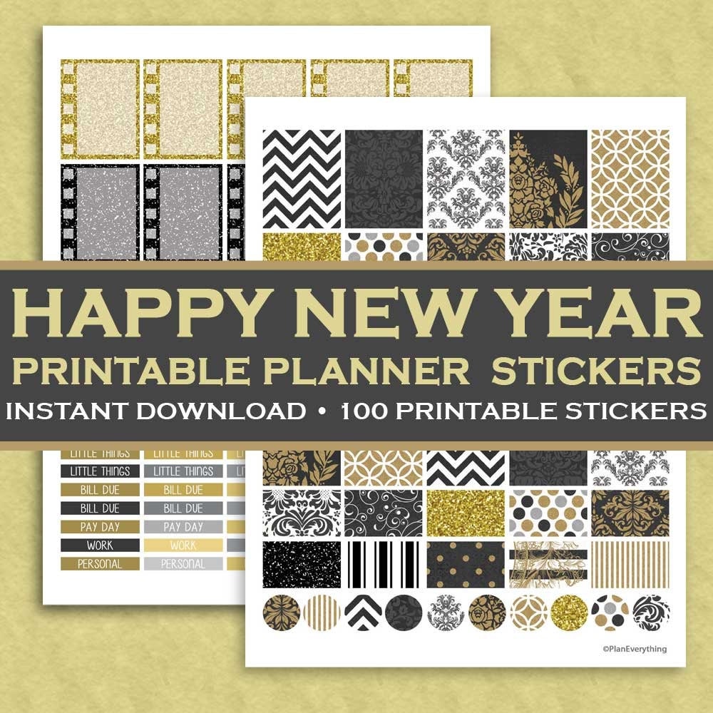 Happy New Year Printable Planner Stickers 100 by PlanEverything