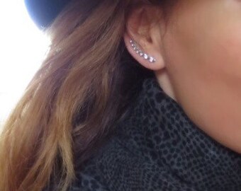 50% OFF. 18K White or Rose Gold Plated Cuff Earrings with High Quality Sparkly Glass Crystals. Ear Climber. Trendy Stylish Earrings.