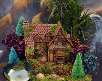 Fairy House for Fairy Gardens or Scenes with Fairy Garden and Resin Pond, Jasper Stepping Stones, Pine Cones, Trees, Magical, Enchanting!