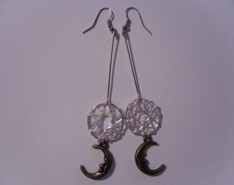 Bronze Crescent Moon Wire Circle Long Dangle Earrings