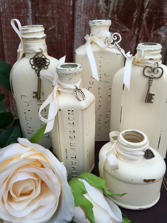 Decorative Custom Painted Bottles - Miniature Glass Bottles / Shabby Chic Style Painted Vintage Bottles / Interior Design Accents