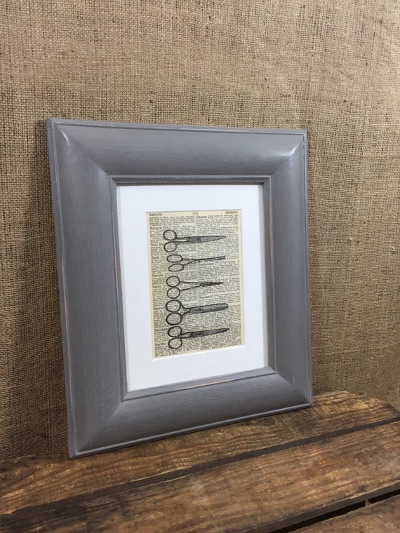 ANTIQUE SCISSORS PRINT - Vintage Scissors Dictionary Page Print / Old Book Page Print / Grey Custom Painted Frame / Fathers Day Gift Idea