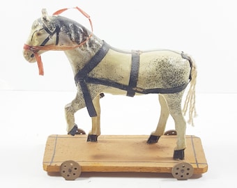 Antique German Primitive Paper Mache Horse on Wooden Platform with Wheels, Pull Toy. Antique Decorations. Children's Toys.