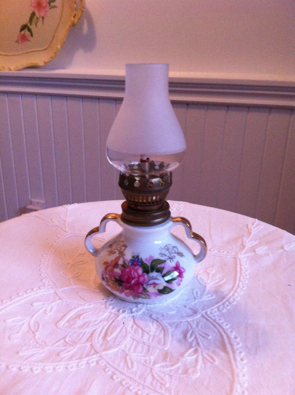 Vintage Doll House Lamp Miniature Oil Lamp Ceramic Dual Handled