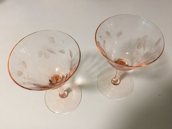 Pink Depression Glass Stemmed Cordials Set Of Two Etched 7617