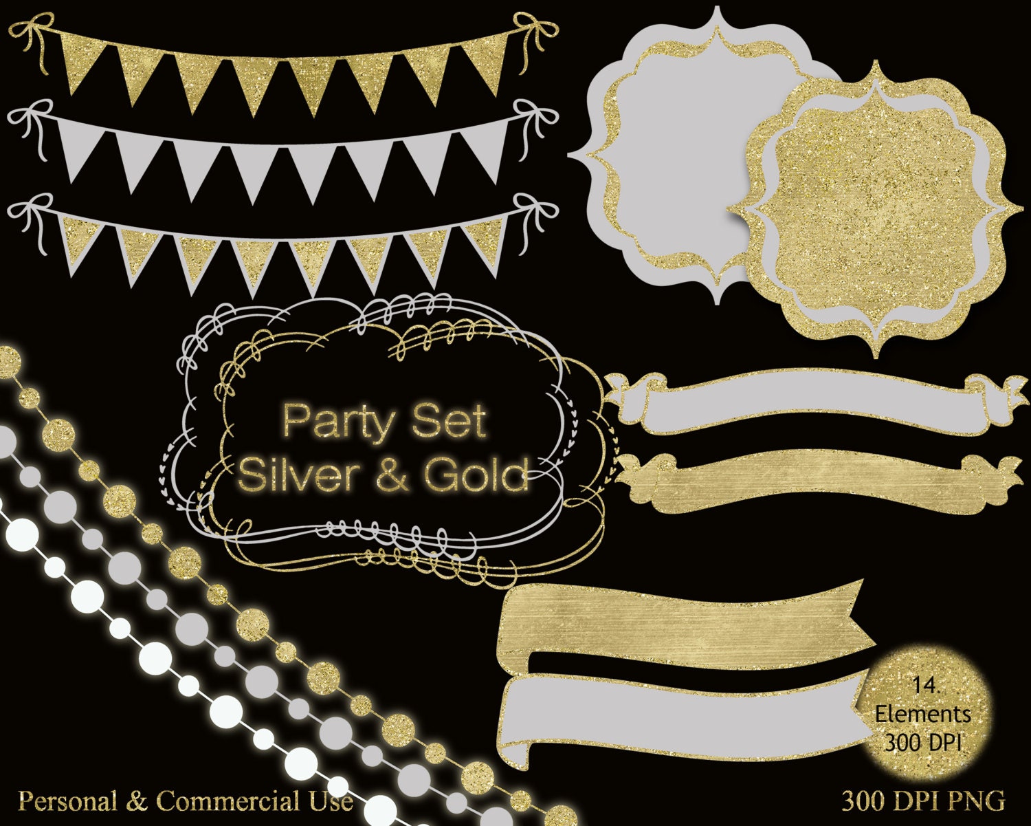 SILVER &amp; GOLD Party Clipart Commercial Use Clip Art Metallic