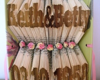 Folded book art paper sculpture. Personalised vow renewal gifts for parents. First Wedding Anniversary present for husband wife. Party Decor