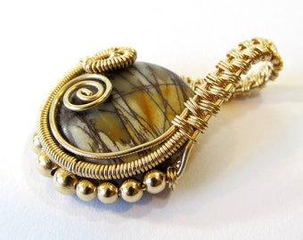 Gold Wire Wrapped Pendant with Red Creek Jasper, Wire Weave Pendant with Gold-Filled Beads and Natural Semi-Precious Stone, Handmade Jewelry