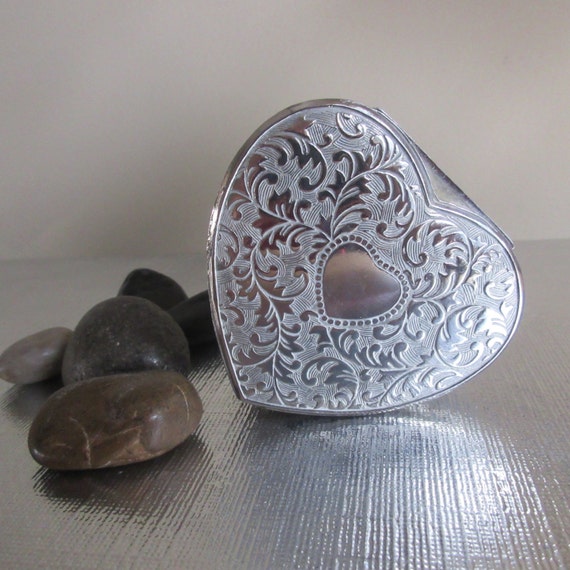 Vintage Silver Heart Shaped Trinket Box Red Velvet Lining