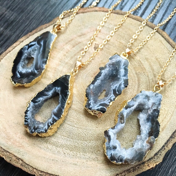 Natural Black And White Geode Necklace by MoonQuartzCrystals