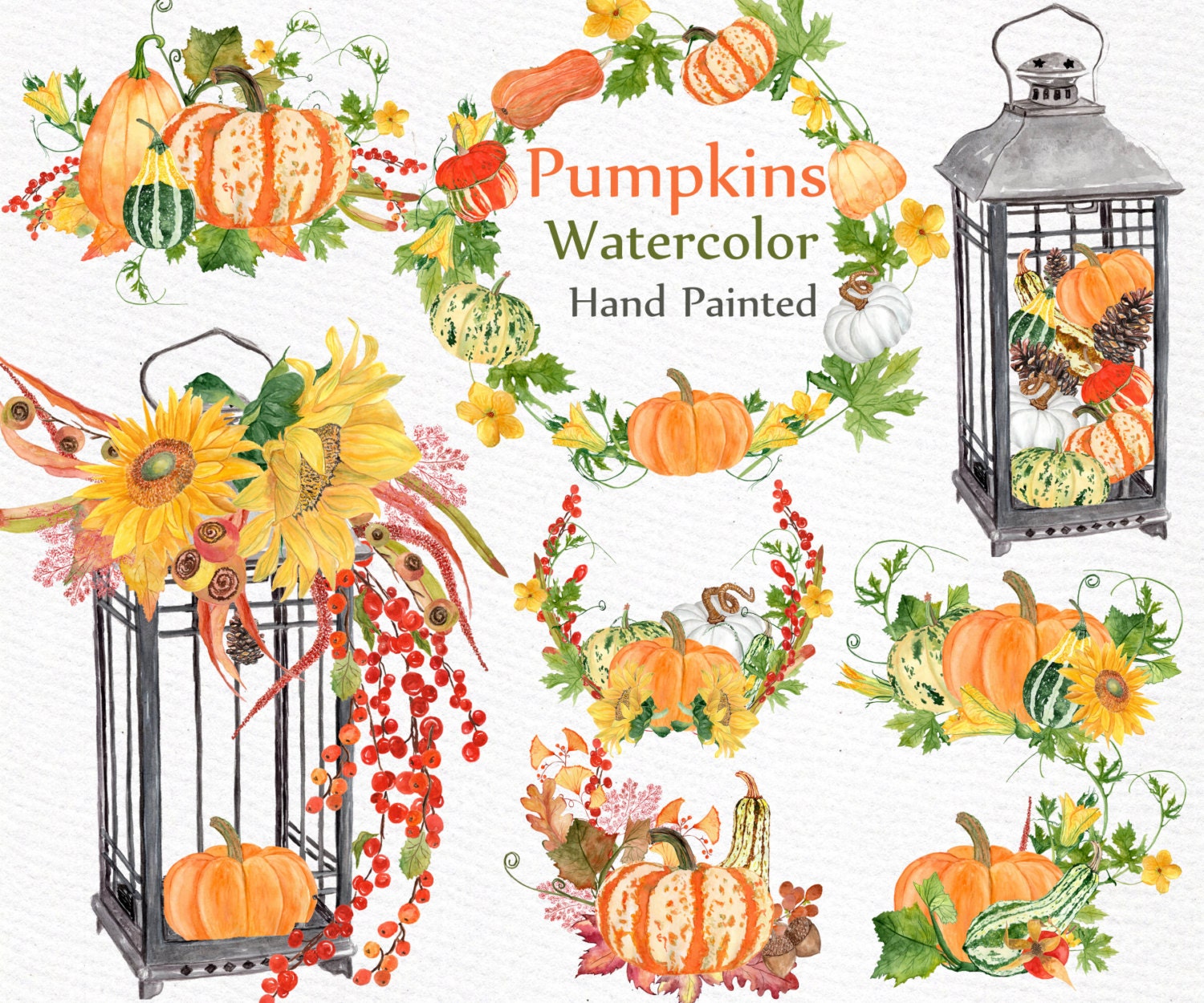 Download Watercolor pumpkin clipart: HARVEST CLIPART Autumn