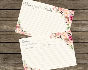 Advice Cards for Bridal Shower. Advice for the Bride Cards Printable, Floral Recipe Cards Printable. Recipe Cards 4x6, Instant Download