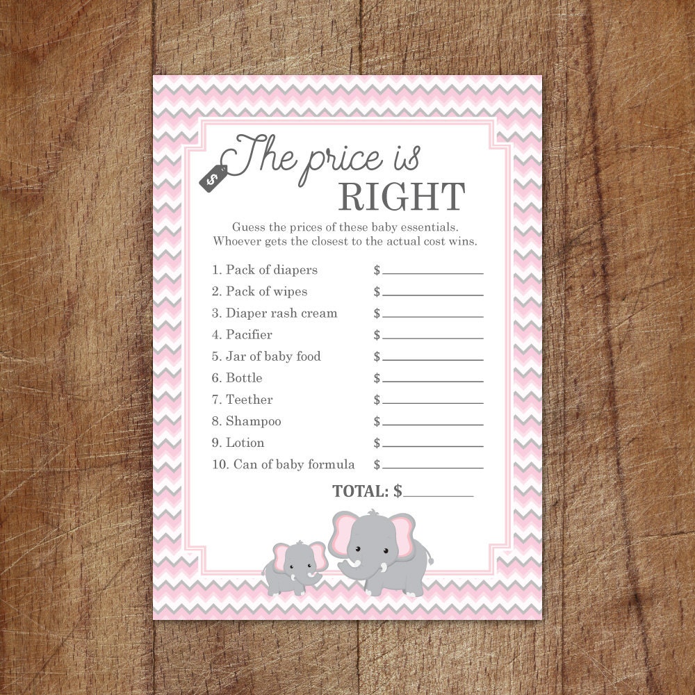 Elephant Baby Shower Price Is Right Game Pink And Gray