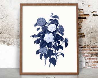 Botanical Print, Blue Vintage Flower Illustration Wall Art, Hampton Style Decor, Printable Digital Download, Indigo, Navy Blue