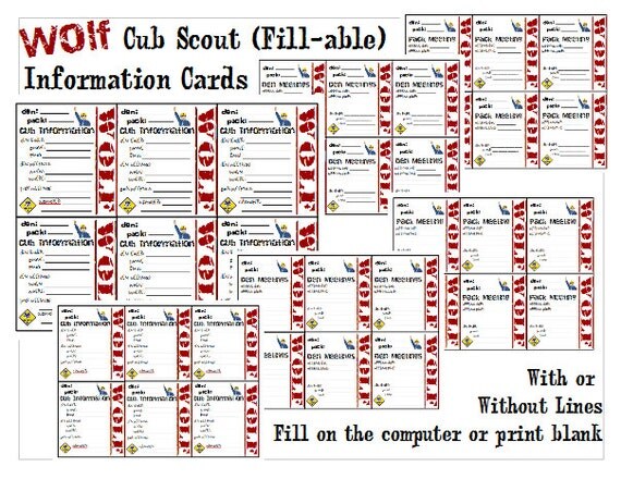 Items similar to Cub Scout Info Cards (Wolf)- Instant Fill-able and ...