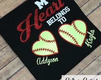 Personalized My Heart Belongs To Softball Shirt, Personalized Glitter Softball Mom Shirt, Personalized Grandma Softball Shirt
