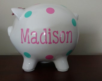 Personalized Piggy Bank.Custom Piggy Bank.Baby Shower Gift.Piggy Bank.Girl Piggy Bank.Boy Piggy Bank.Girl Bank.Mint and Pink Piggy Bank