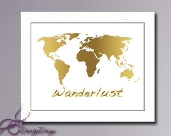 Wall art Gold World Map, Wanderlust Wall art, Printable World map, Wanderlust Art Print, Instant Download, Wall art, Printable quotes