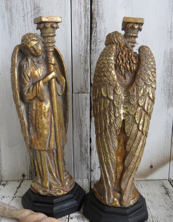 Angel candle holders tall angels vintage angel by RustikSpiritz