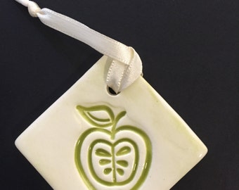 Ceramic Apple Ornament, Stamped Apple, Apple Ornament