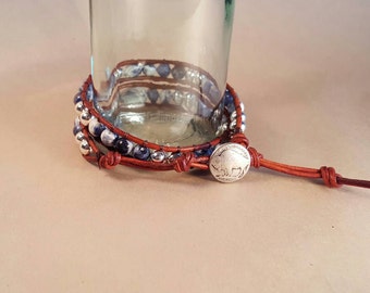 Sodalite and Silver leather wrap bracelet