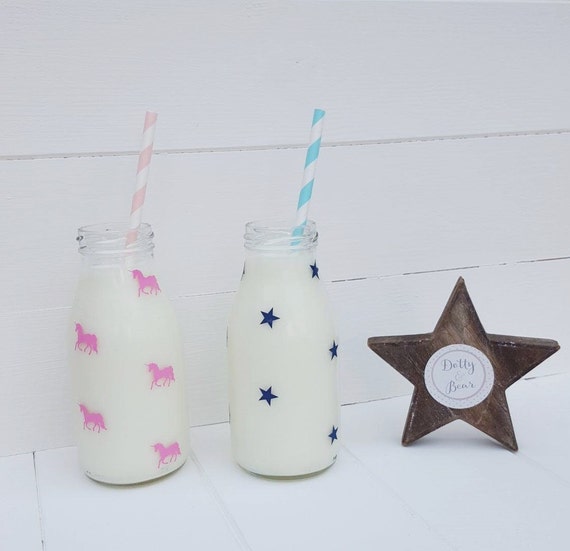 Milk or Juice Bottles Unicorns Stars Hearts. Set of 2