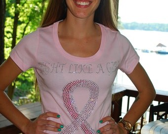 Breast Cancer Awareness Ribbon Fight Like A Girl rhinestone bling shirt, all sizes XS, S, M, L, XL, XXL, 1X, 2X, 3X, 4X, 5X