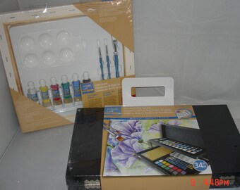 Wood Hardside Art Case with Acrylic Paints, Water color Paints & Brushes, Drawing Pencils, Pre-Printed Stretched Canvas Complete 46piece set